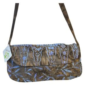 Batik Bali Shoulder Bag Brown Blue Floral Print Made in Indonesia 100% Rayon